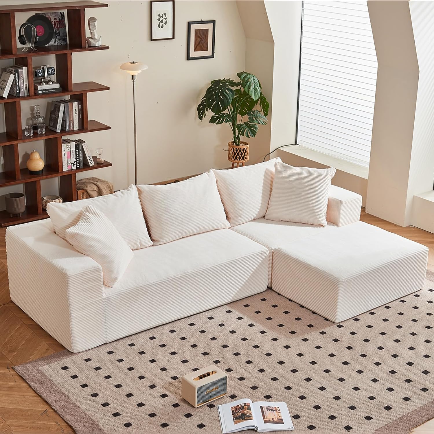 108" L-Shaped Boneless Couch, Modular Sectional Sofa with Moveable Ottoman, Corduroy Cloud Couches for Living Room, No Assembly, Ship in a Box, Beige