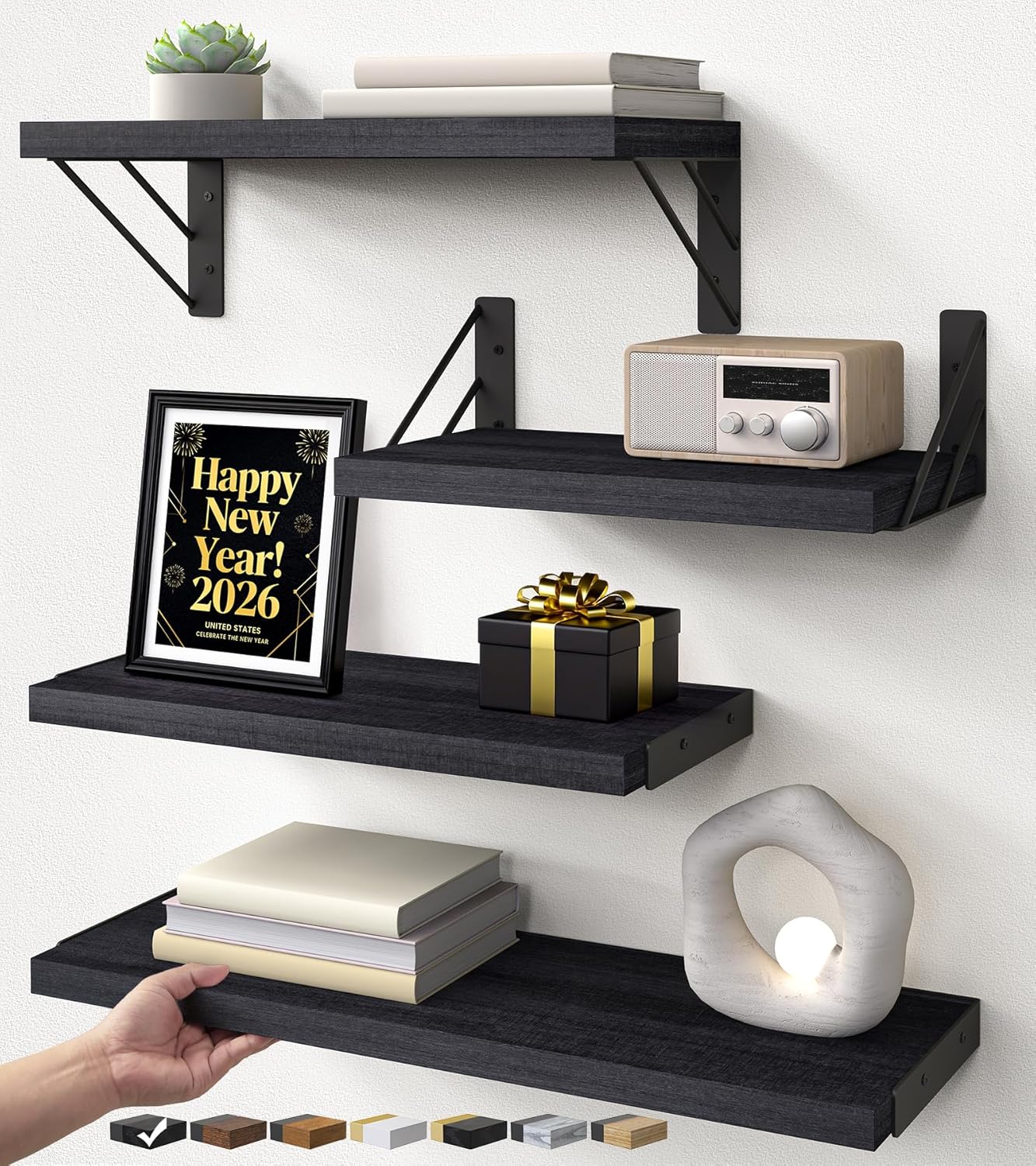 BAYKA Wall Mounted Floating Shelves, Wood Floating Wall Shelf for Books & Decor, Small Space-Saving Display & Organizer(Black,Set of 4)
