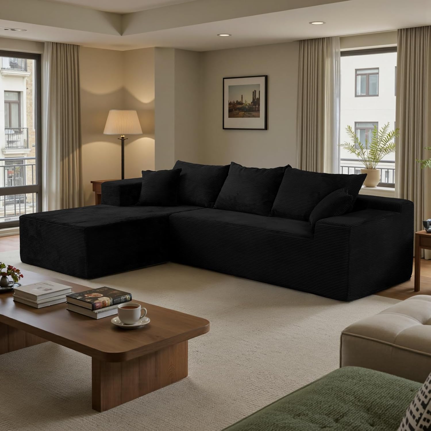 Black Sectional Couches for Living Room, Boneless Couch with L-Shape Chaise, Modular Sofa in Box with Deep Seat, No Assembly Required