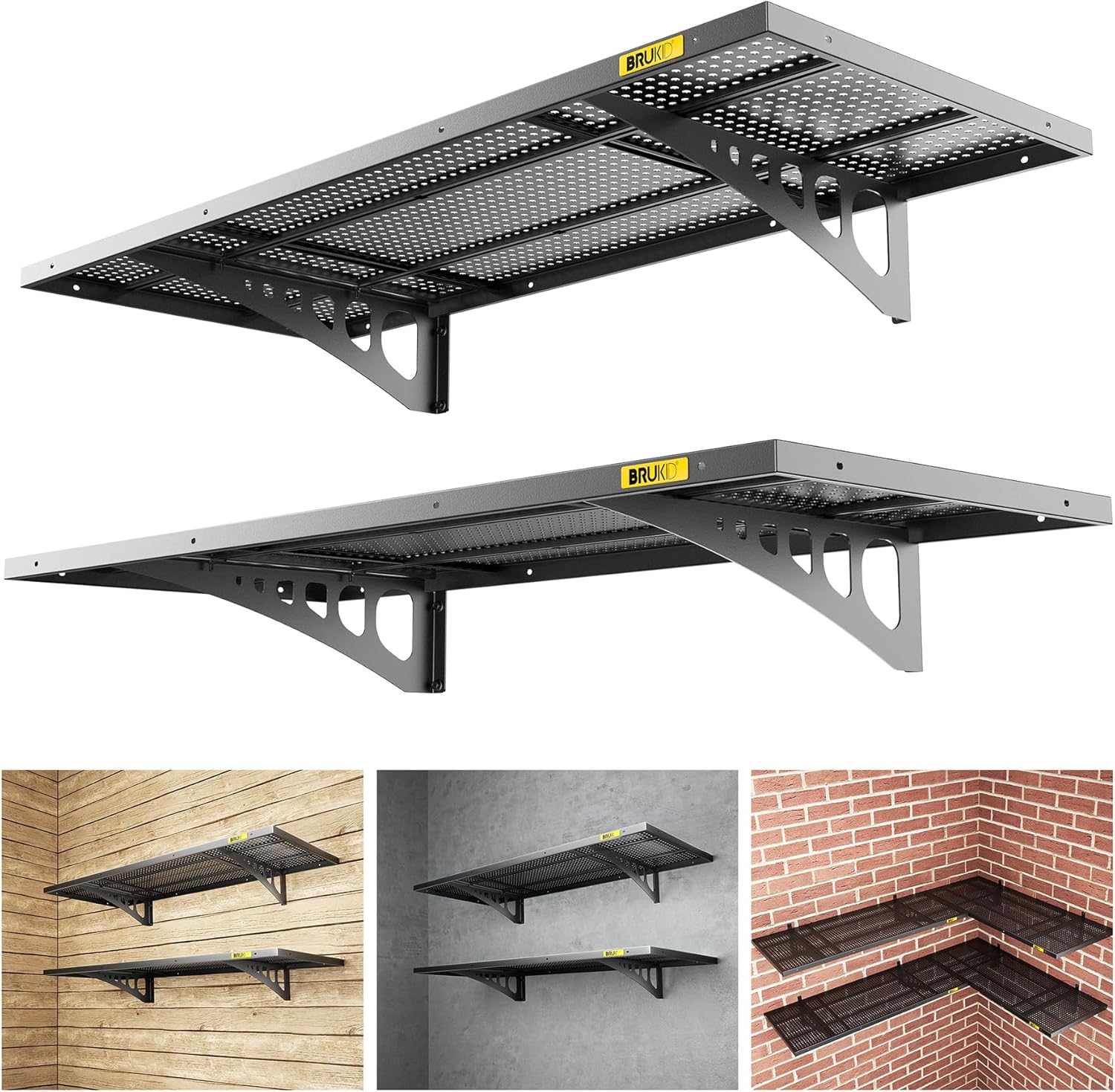 Brukid 2Pack 1.64x4ft Adjustable Metal Garage Wall Shelving Heavy Duty Garage Storage Shelf Wall Mounted Black