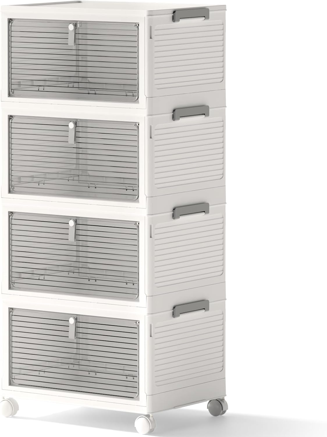 COLLEFUN Storage Bins with Lids,4 Tier Stackable Storage Bins with Drawers,4 Pack Collapsible Plastic Storage Boxes with Wheel-1 Lid,23QT Foldable Containers for Closet Living Room Bedroom Office.