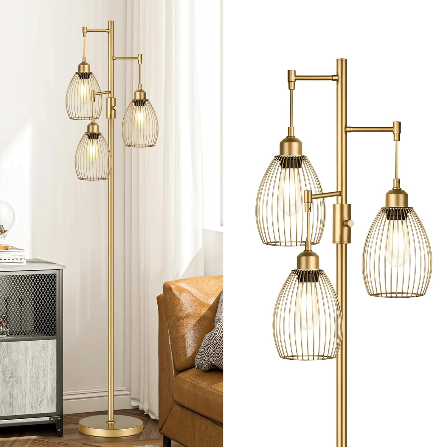 Dimmable Floor Lamp, Industrial Floor Lamps for Living Room, Gold Tree Lamp Standing Lamp Tall Lamps with 3 Elegant Teardrop Cage Head & 800 Lumens LED Bulbs for Living room Bedroom Office Dining Room