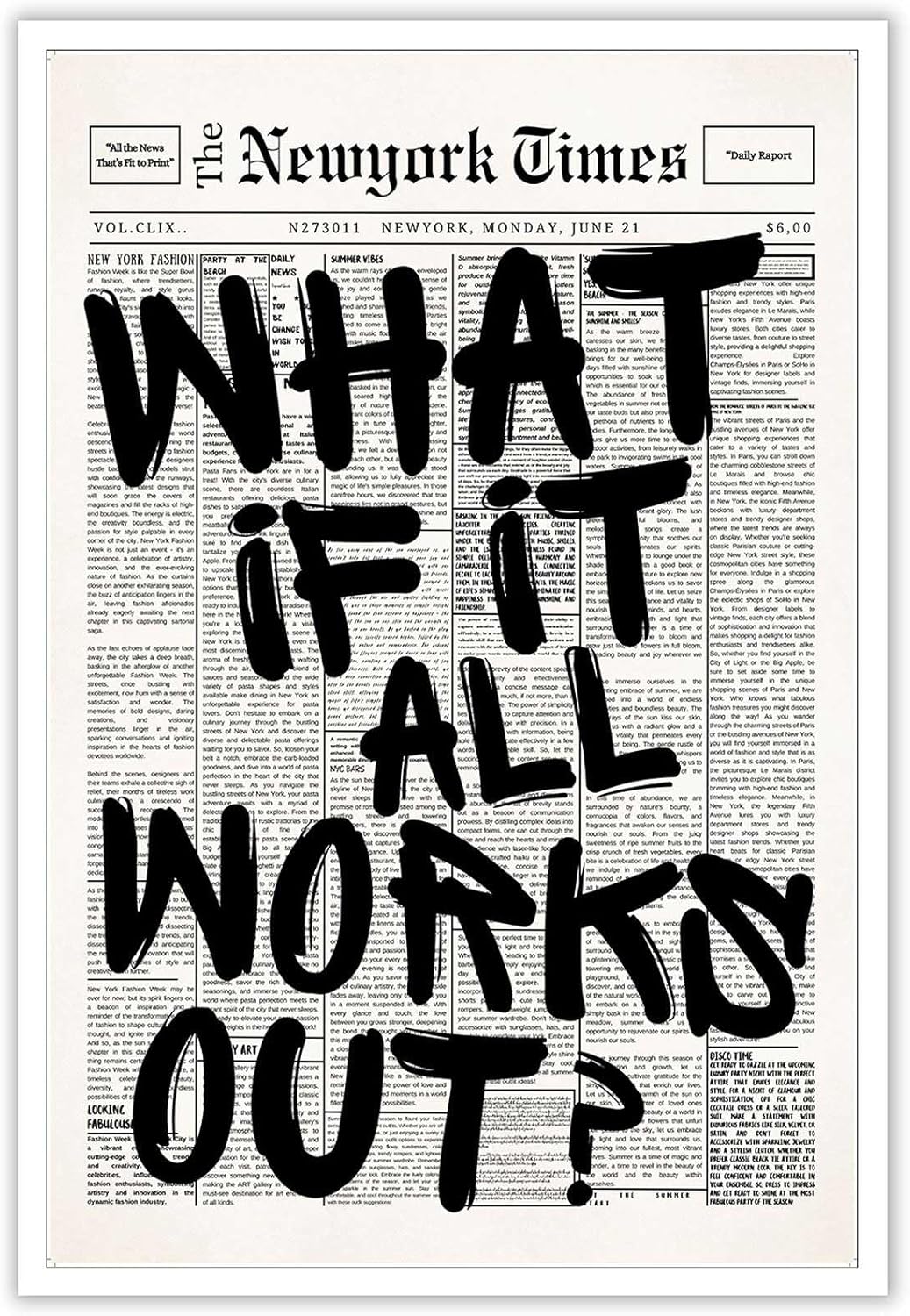 Drimiler Retro Black And White Newspaper Poster What If It All Works Out Canvas Wall Art Positive Affirming Quote Minimalist Prints Painting For Home Bedroom Dorm Wall Decor 8x12in Unframed