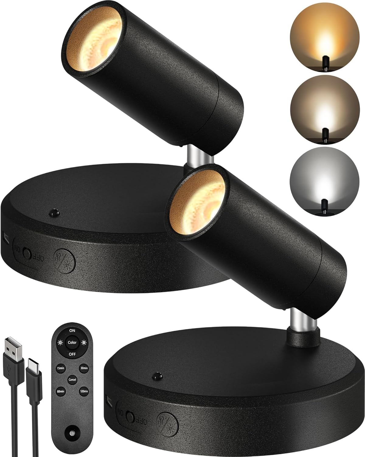 EZVALO Spotlights Indoor with Remote, 5500mAh Rechargeable Picture Lights, Wireless LED Uplighting with Timer&Dimmable, 3CCT, Display Lights for Plant Painting, Artwork, Accent Lighting (2Pack-Black)