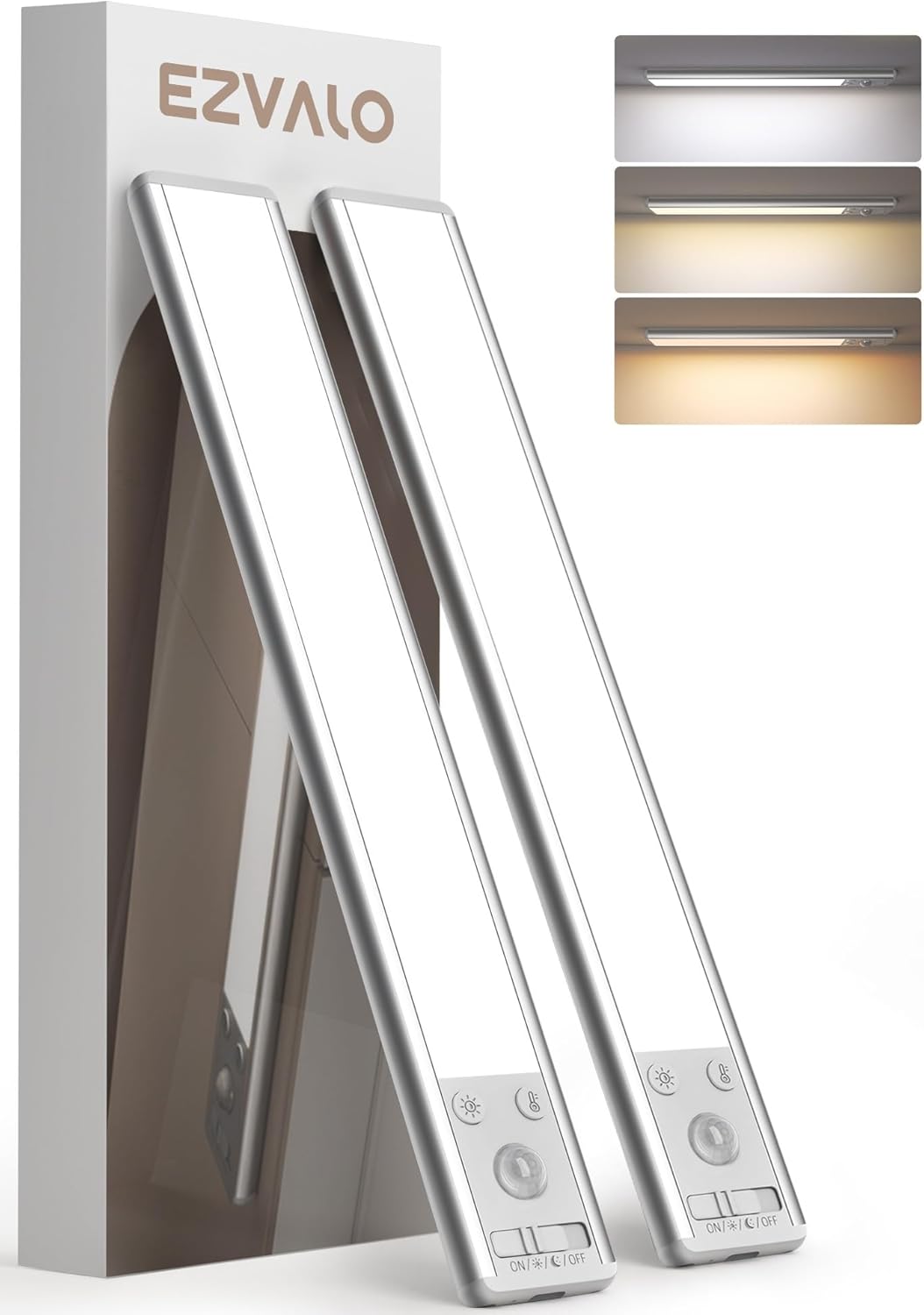 EZVALO Under Cabinet Lighting, 2400mAh Rechargeable Motion Sensor Light Indoor, 3 Color Temps, 5-Level Dimmable Magnetic Wireless Closet Lights for Kitchen, Pantry, Stairs (2 Pack) - Image 1