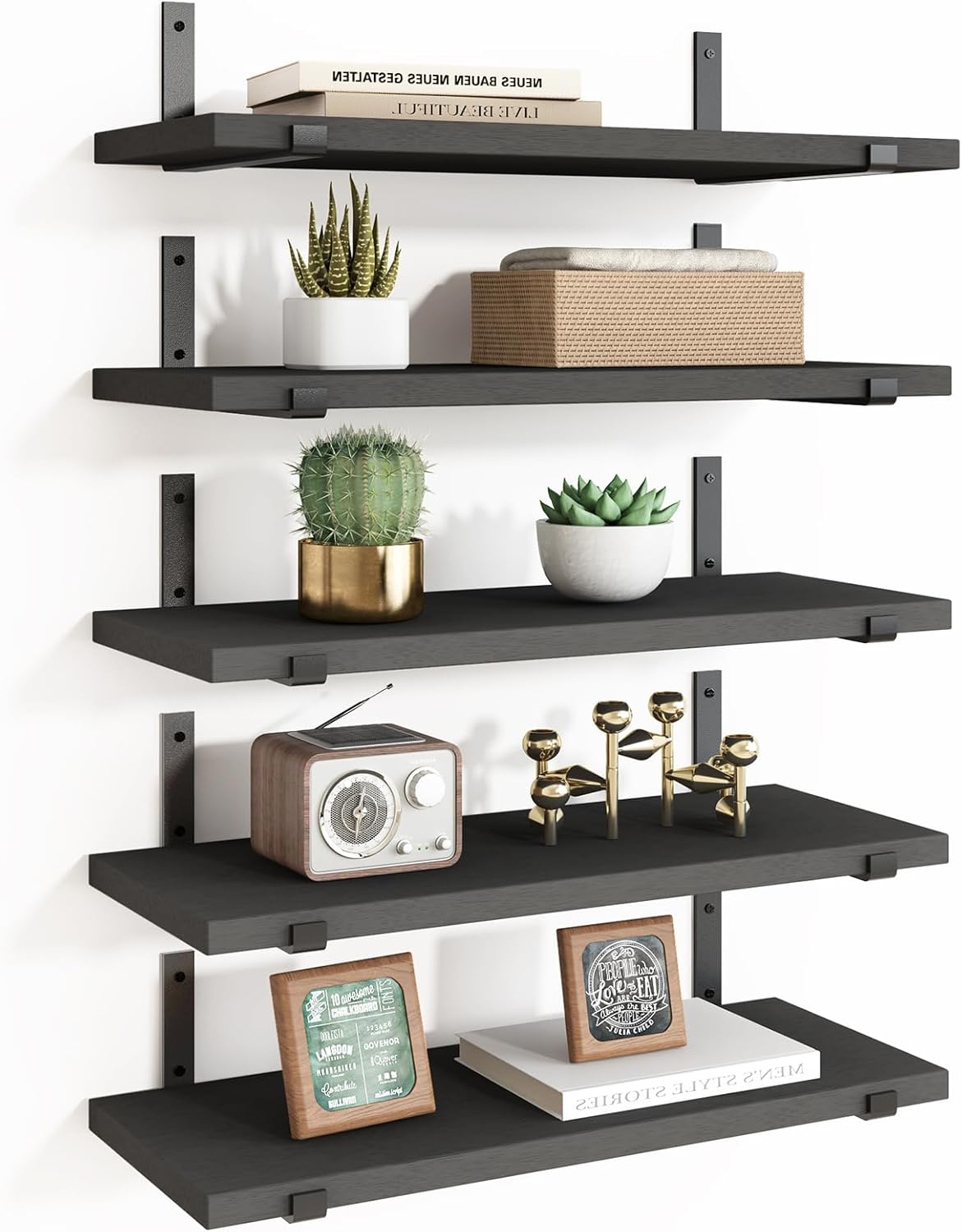 Fixwal Floating Shelves Set of 5, Width 4.7 Inches Black Wall Shelves, Rustic Wood Wall Storage Shelves for Bedroom, Living Room, Kitchen, Bathroom, Home Decor, Laundry Room, Office and Plants (Black)