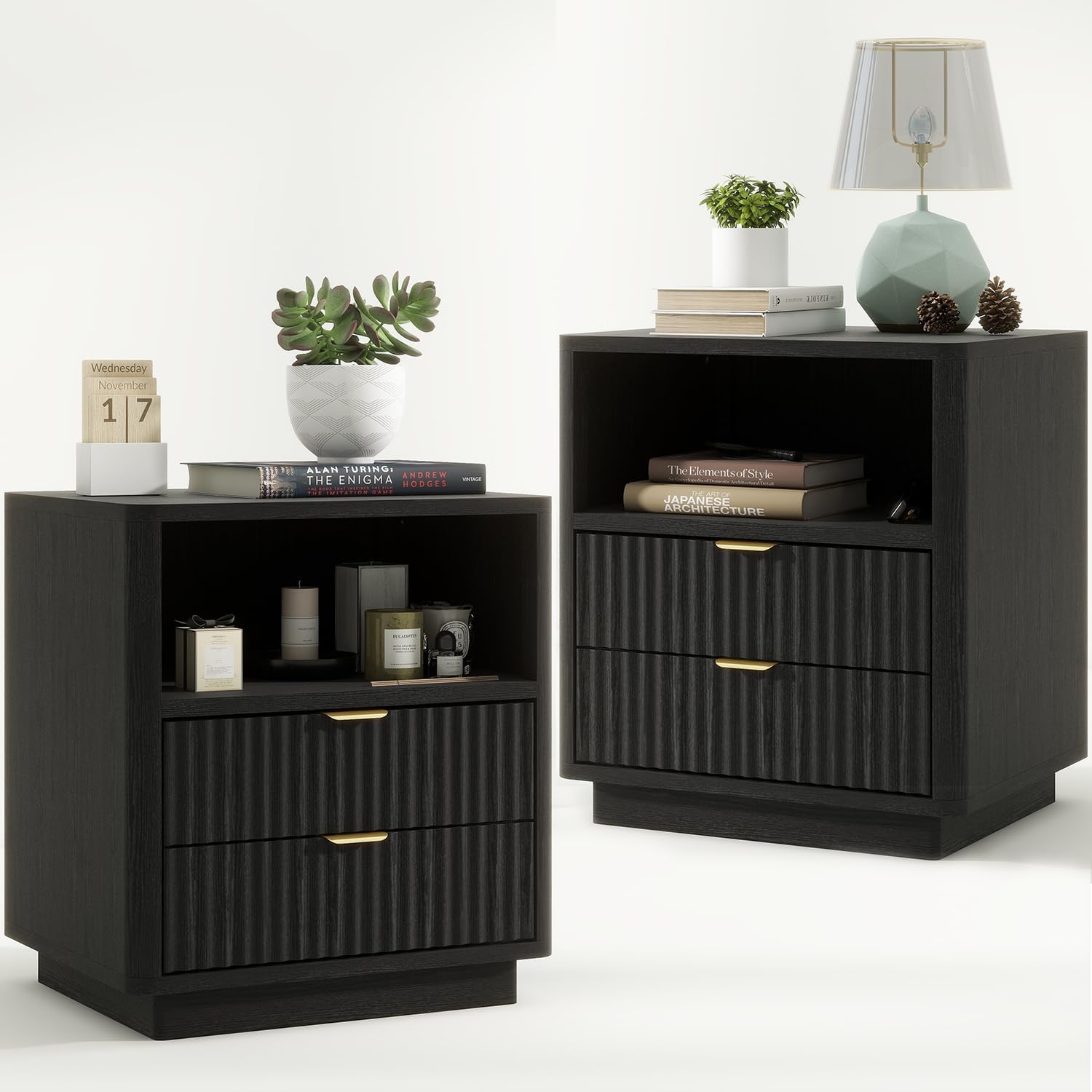 Fluted Nightstands Set of 2, Black Night Stands with 2 Drawers and Open Shelves, Wooden Nightstand Modern Design Night Stand for Bedroom Sofa Office (2, Black)