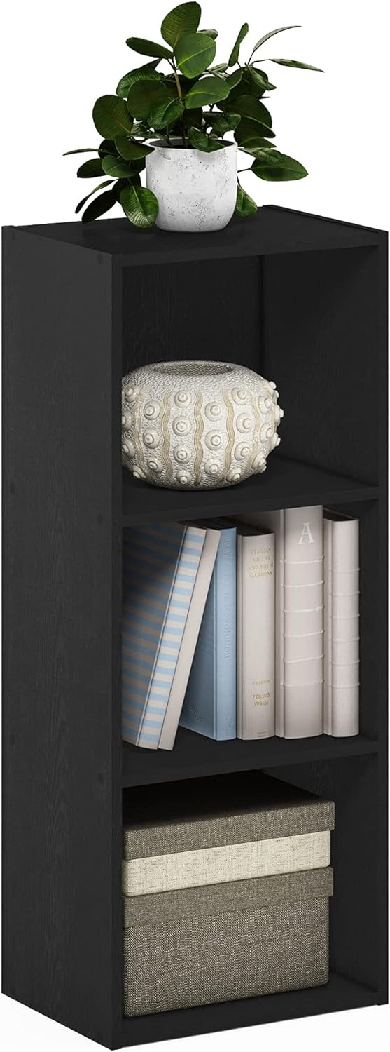 Furinno LUDER Book Shelf, 3-Cube Bookshelf, Bookcase with Open Shelves, 9.3 x 12 x 31.5, for Living Room, Bedroom, Home Office, Blackwood