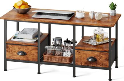 Furologee 35" Coffee Table with 2 Storage Drawers, Small Coffee Tables for Living Room, Industrial Center Table with 2 Tier Storage Shelf, Rustic Brown