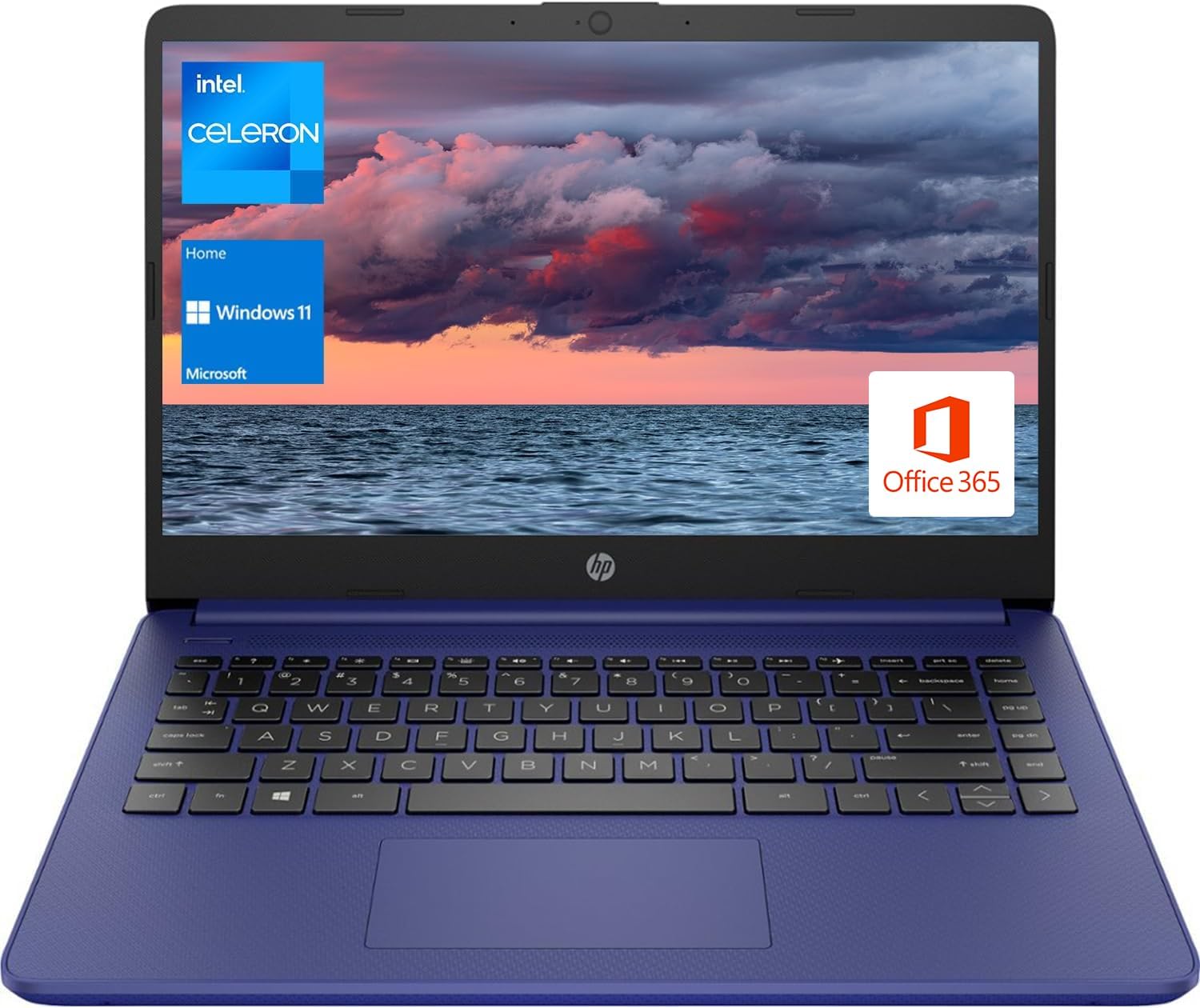 HP Portable Laptop, Student and Business, 14" HD Display, Intel Quad-Core N4120, 16GB DDR4 RAM, 64GB eMMC, 1 Year Office 365, Webcam, SD Card Reader, HDMI, Wi-Fi, Windows 11 Home, Blue, KKE Mousepad - Image 1