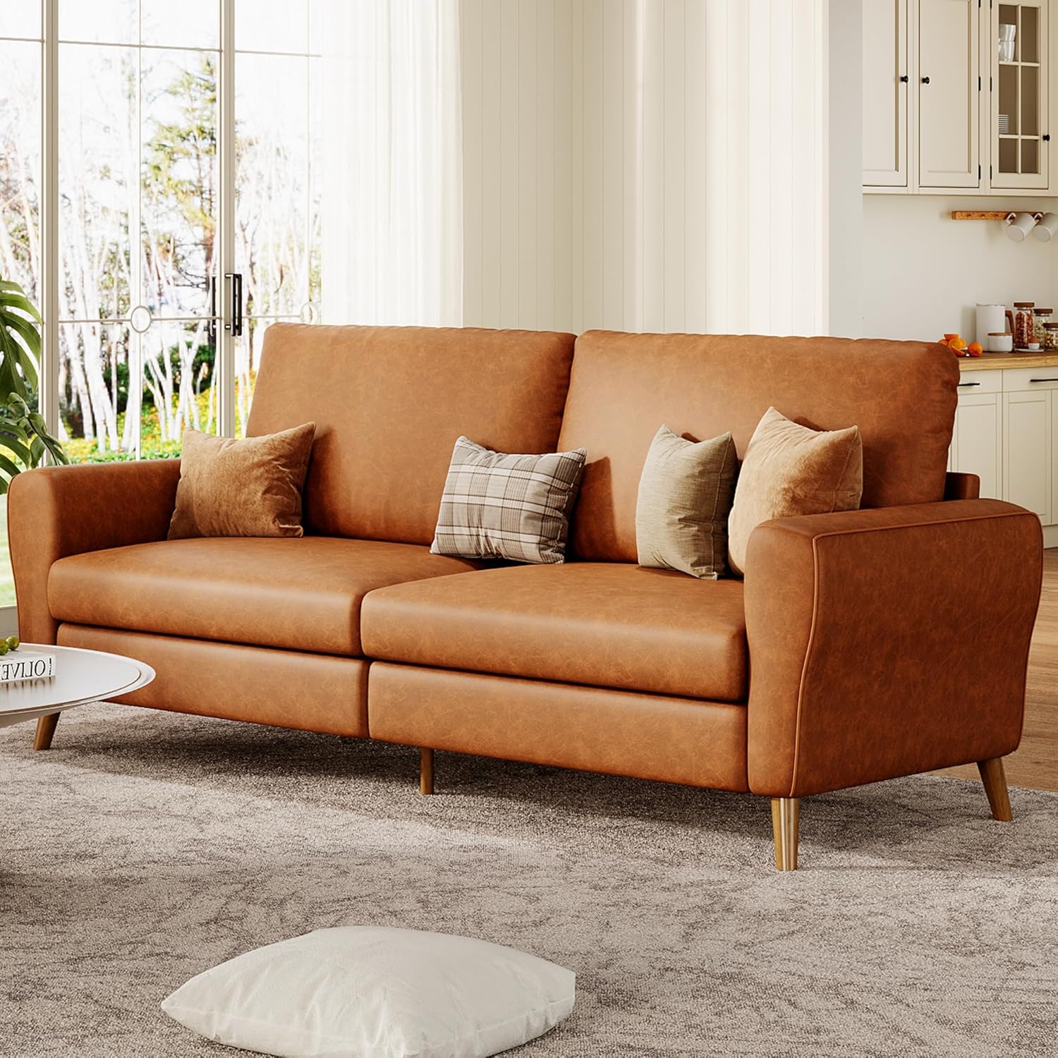 IDEALHOUSE 84 Inch Modern Sofa Couch, Large 3-Seater Sofa with Streamlined Armrests, PU Leather Loveseat Wood Feet, Comfy Couch for Living Room, Apartment, Lounge, Brown