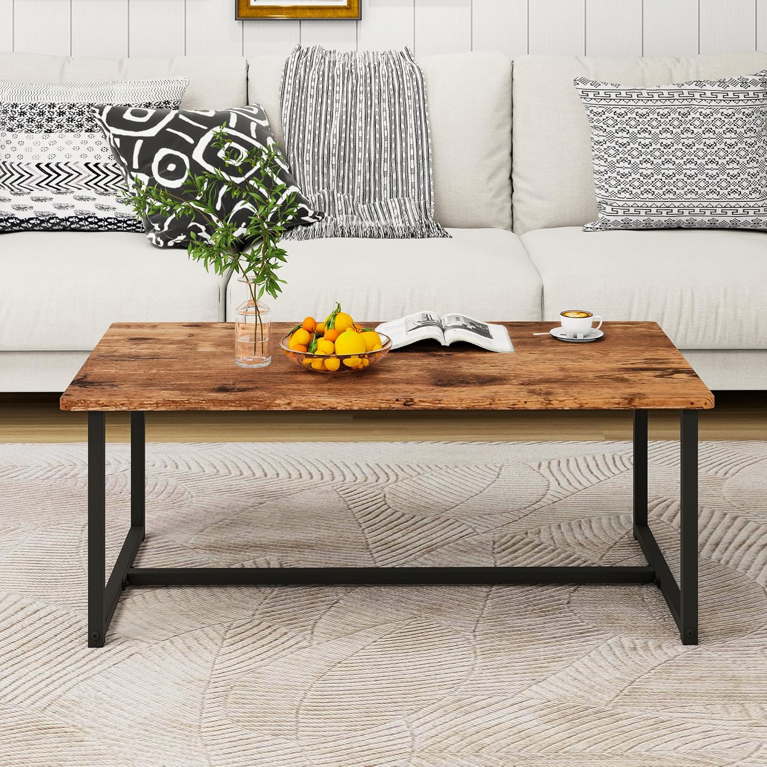 JUISSANO Coffee Table Rectangular Center Table for Living Room Open Space Side Table with Metal Frame, Easy Assembly, Black+ Rustic Brown Wood Coffee Table