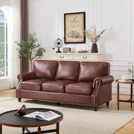 Kingfun Mid-Century Modern Couch, Faux Leather Sofa, 3 Seater Couch for Living Room with Rolled arms & Nailhead Trim, Dark Coffee