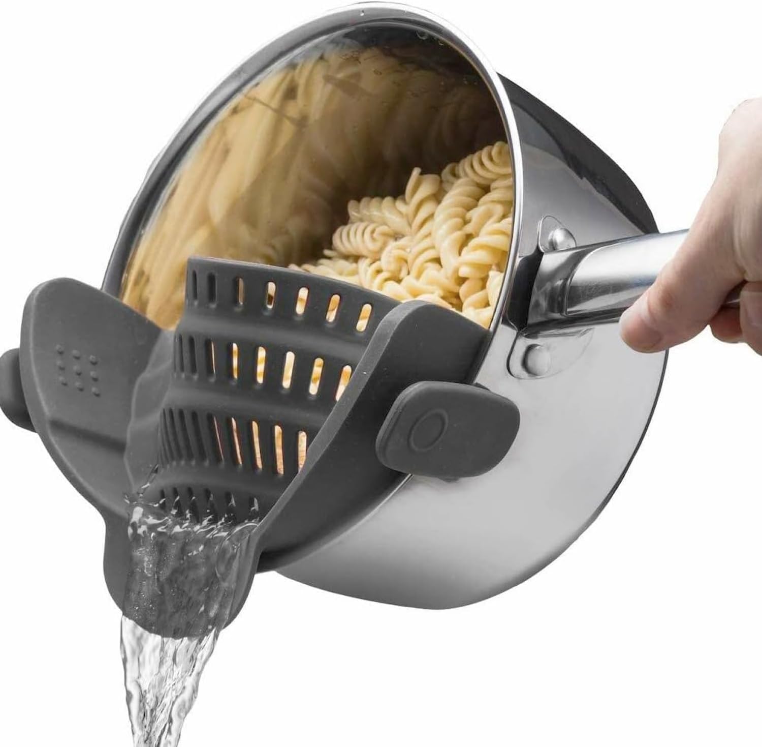 Kitchen-Gizmo-Snap-N_-Strain-Silicone-Pasta-Strainer-Clip-On-for-Pots-and-Pans-Heat-Re_B01MZ14LJV Kitchen Gizmo Snap N' Strain - Silicone Pasta Strainer Clip-On for Pots and Pans - Heat Resistant Colander for Vegetables and Noodles - Kitchen Gadgets for Cooking - Space-Saving Design - Gray - Image 1