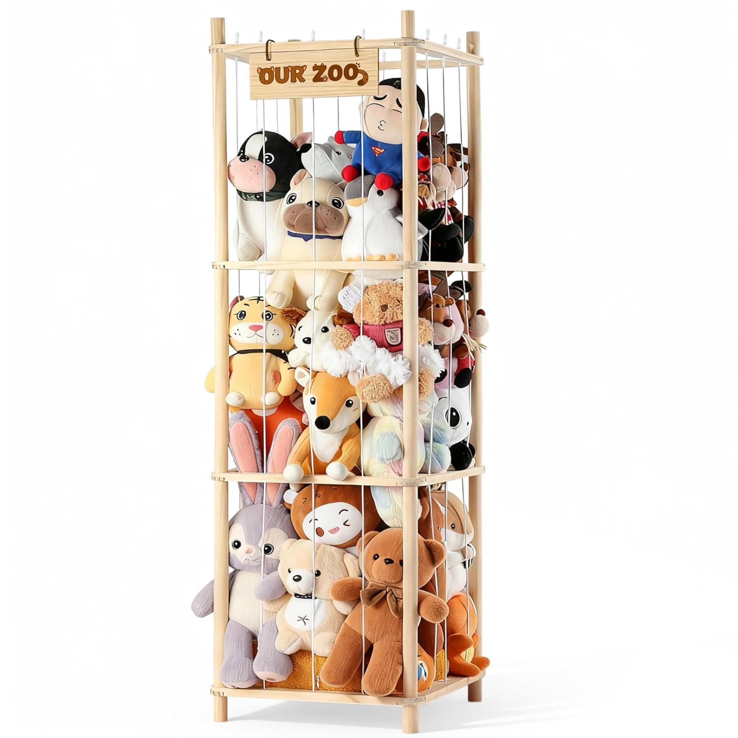 LAMU Stuffed Animal Storage, Wooden Zoo Stuffed Animal Holder with Elastic Cords, Space Save Toy Organizer, Extra Large Capacity Stuffed Animal Organizer for Playroom, Bedroom, Nursery