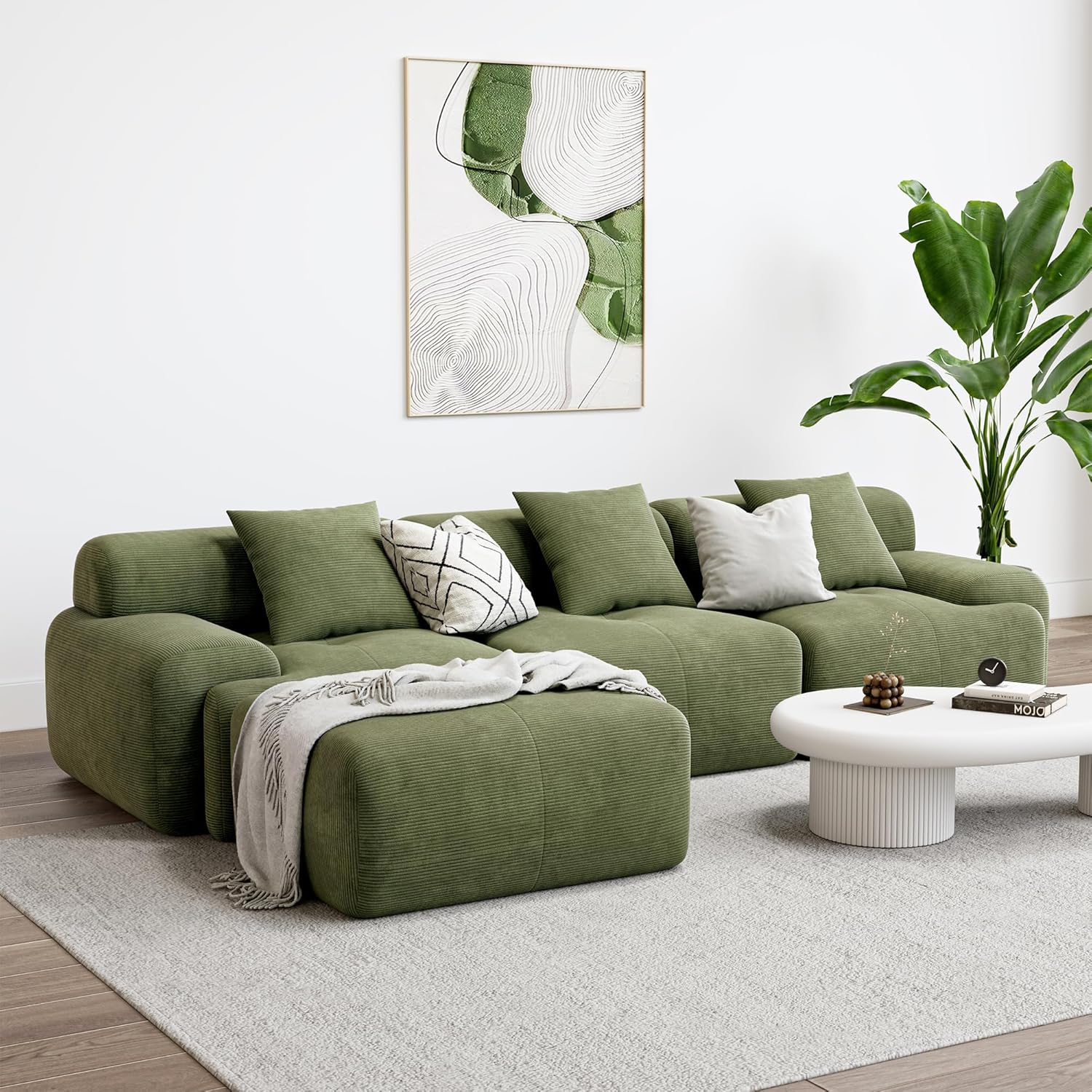 LIKIMIO 118" Modern L-Shaped Modular Sectional Sofa for Living Room, Corduroy Upholstery Green, Oversized 3-Seater Couch with Deep Seat and Movable Ottoman – No Assembly
