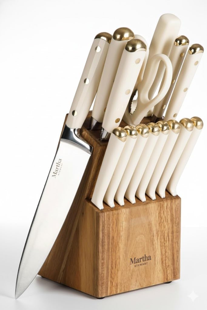 Martha Stewart 16 Piece Lockton High Carbon Stainless Steel Cutlery Kitchen Knife Block Set W/ABS Tripe Riveted Forged Handle Acacia Wood Block - Linen White W/Gold