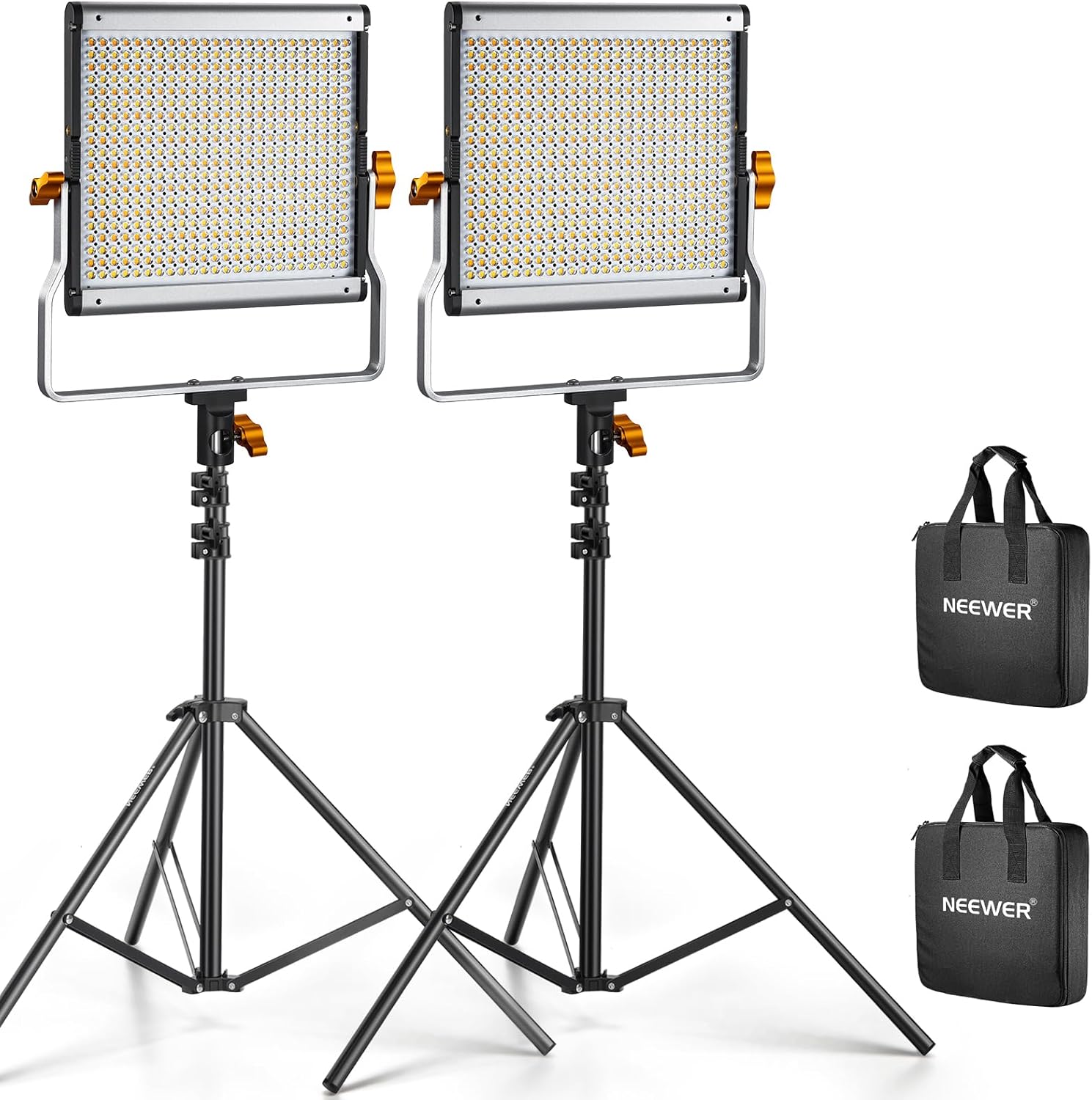 Neewer 2 Packs Dimmable Bi Color 480 LED Video Light Kit, 3200~5600K CRI 96+ LED Panel with U Bracket, 75 inches Tripod Light Stand for YouTube Recording Studio Photography Streaming Key Lighting
