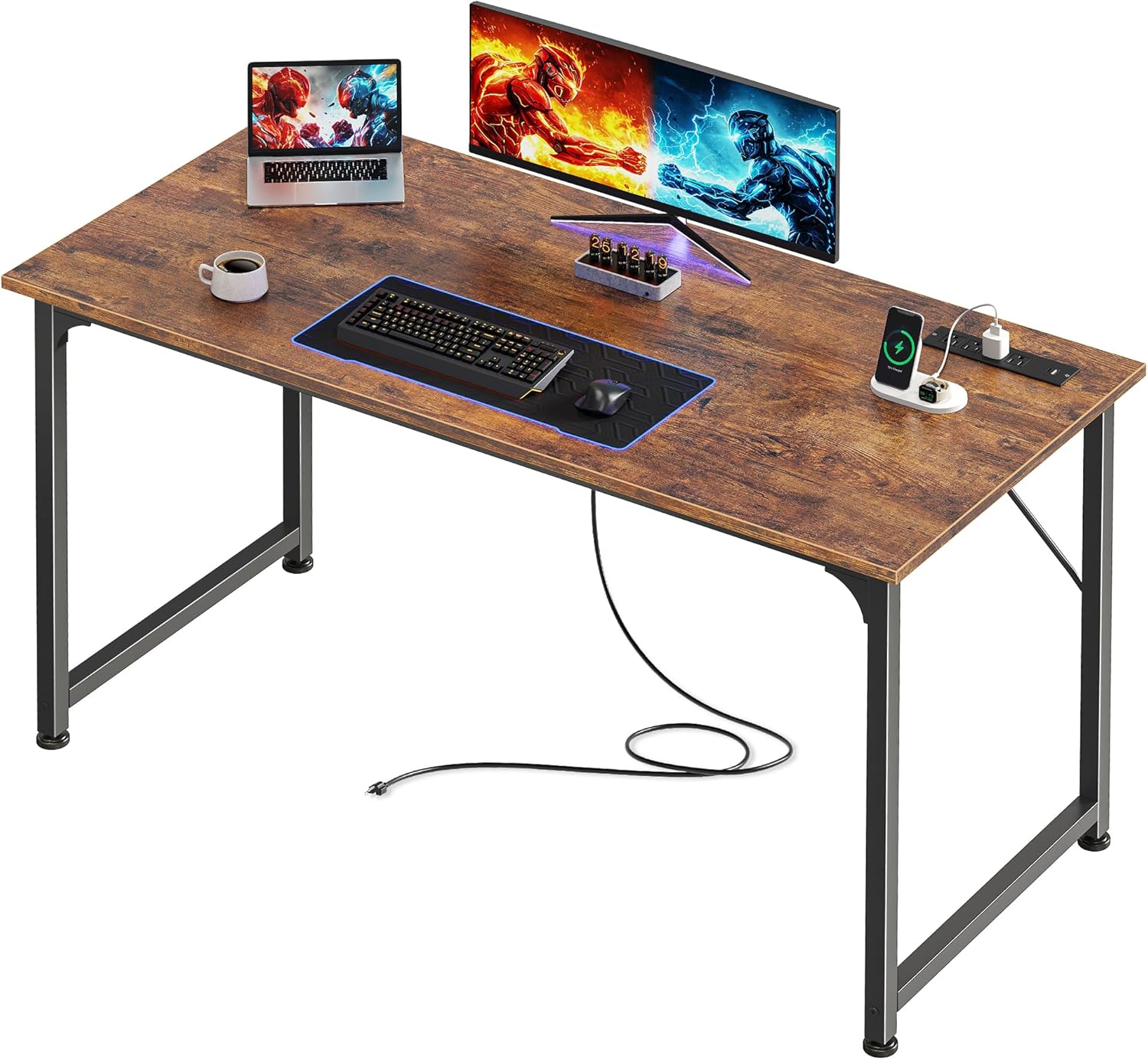 PRAISUN 47 X 20 Inch Office Computer Desk with Power Outlets and USB-C Port, Larger Gaming Desk, for Home Office, Study, Bedroom, Writing Work from Home Table, Metal Frame, Rustic Brown