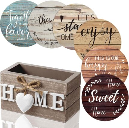 Queekay Coasters Set of 6 House Warming Gifts New Home Wooden Farmhouse Drink Coasters with Holder 4'' Funny Decoration for Kitchen Family Coffee Bar Tabletop Protection(Farmhouse Color)