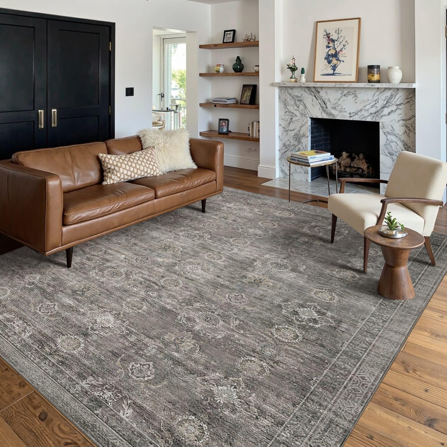 Rugxara Area Rugs 5x7 for Living Room Bedroom, Grey Washable Rug, Vintage Retro Boho Rug, Non Slip & Low Pile Faux Wool Thin Carpet for Indoor Dining Room, Dorm and Kids Room(Taupe/Grey 5x7ft) - Image 1