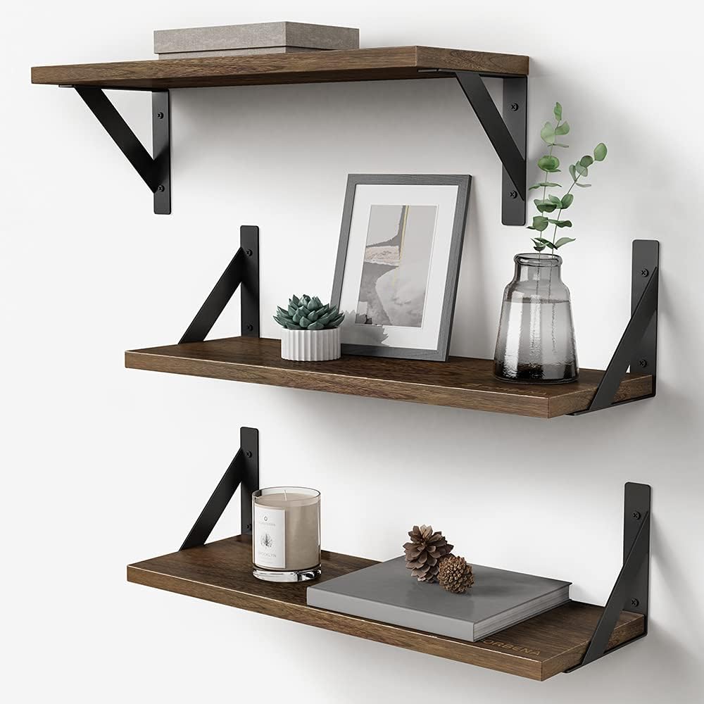 Rustic Floating Shelves Wall Mounted Set of 3, 17 Inch Natural Wood Wall Shelves, Decor Storage Shelf for Bedroom Bathroom Living Room Office Pictures Plants Books Cats TV (Rustic Brown) | Decor Storage Shelf, for Bedroom, Bathroom, Living Room, Office, Pictures