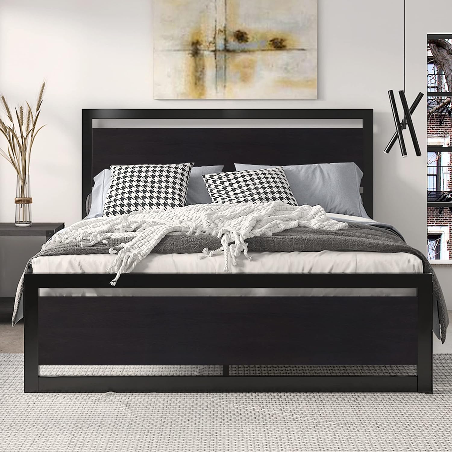 SHA CERLIN Queen Size Bed Frame with Modern Headboard, Heavy Duty Platform Metal Base with Square Footboard and 13 Strong Slats Support, No Box Spring Needed, Black