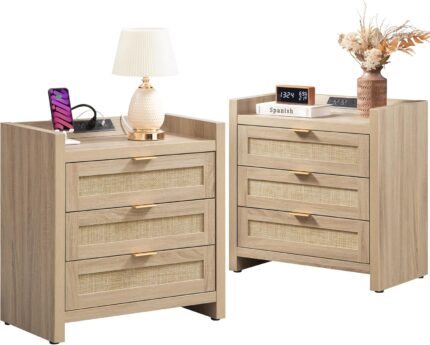 SICOTAS Rattan Nightstands Set of 2 Bedside Table - Larger Night Stand with Type-C Charging Station, 3 Drawers Storage, Boho Night Stands End Table for Bedroom Office - Light Oak