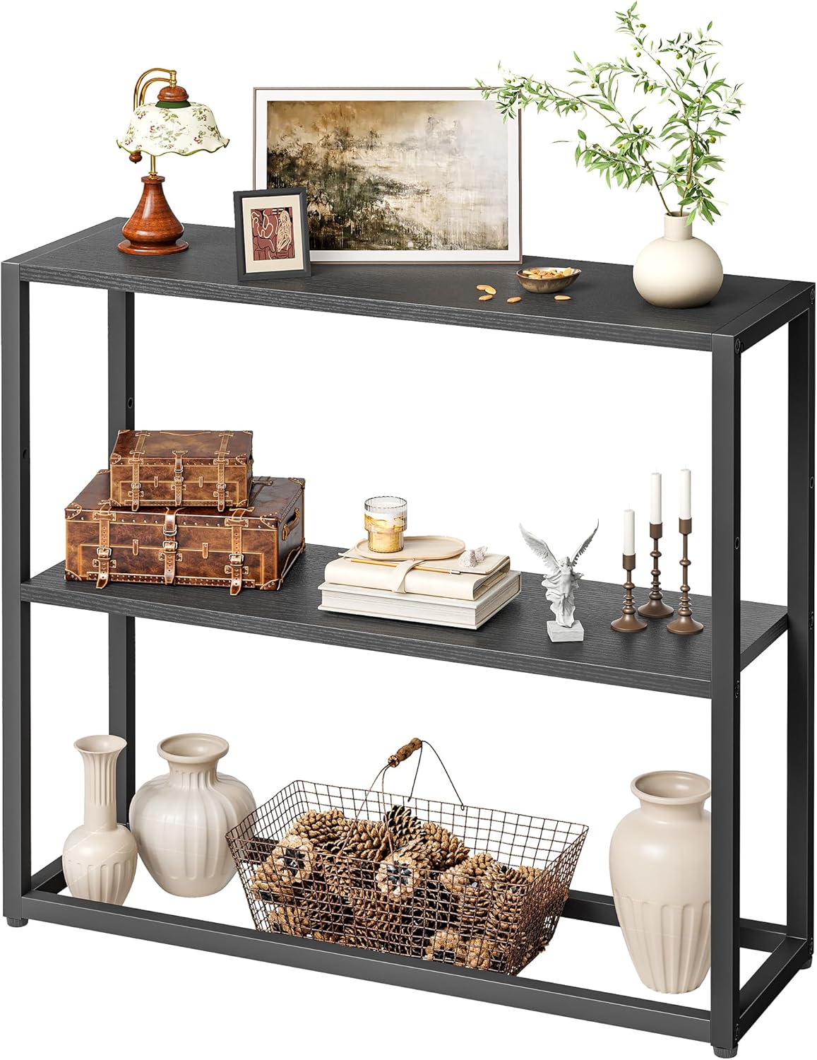 TIQLAB Small Entryway Table, 29.5" Narrow Console Table with Shelves, Sofa Table, Couch Table, Side Table, Entry Table for Hallway, Living Room, Small Space, Black