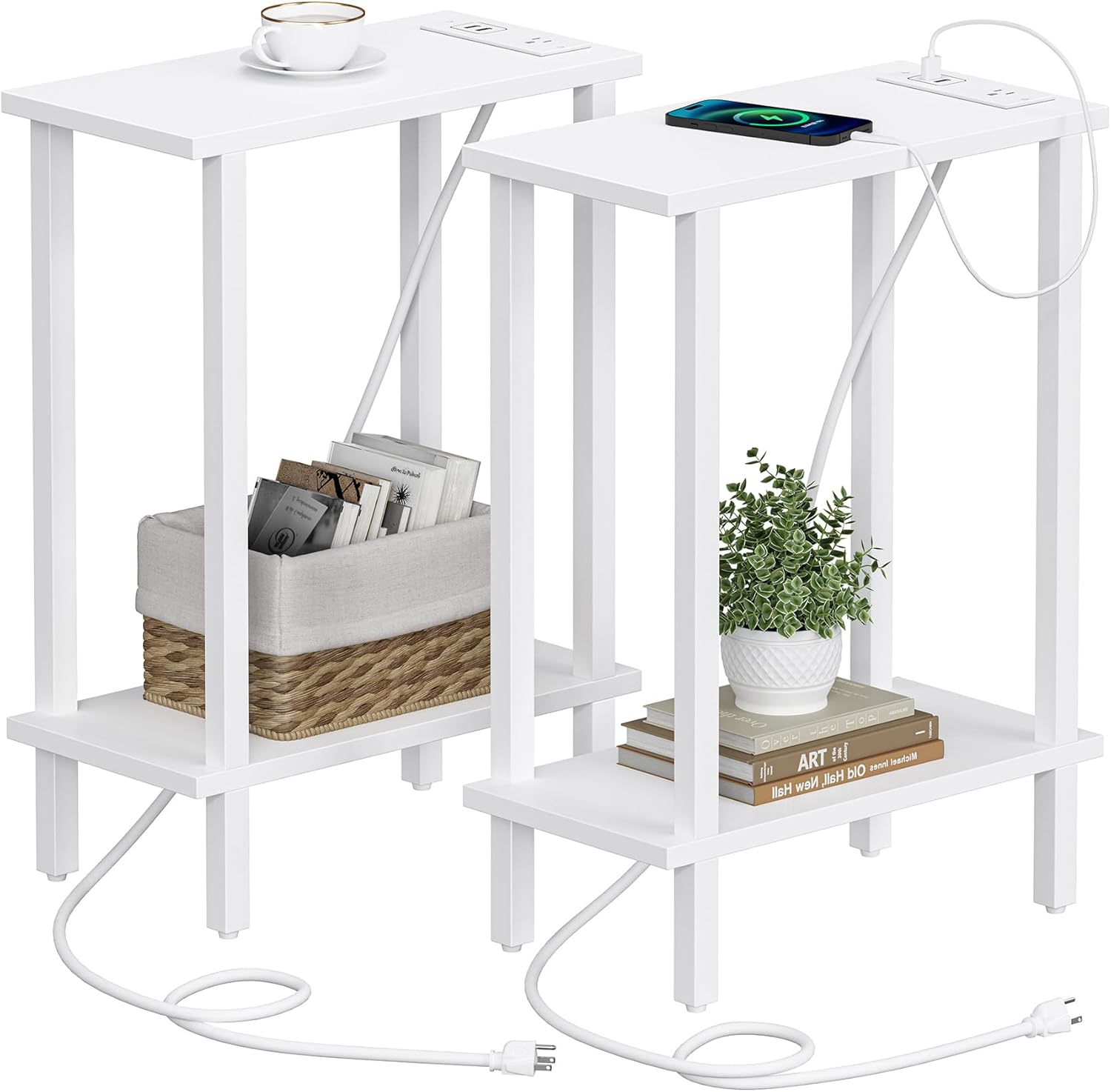 TUTOTAK Small End Table with Charging Station, Narrow Side Table with USB Ports and Outlets, Set of 2, Skinny Sofa Table, Slim Nightstand, Living Room, Bed Room, White TB01BW0602