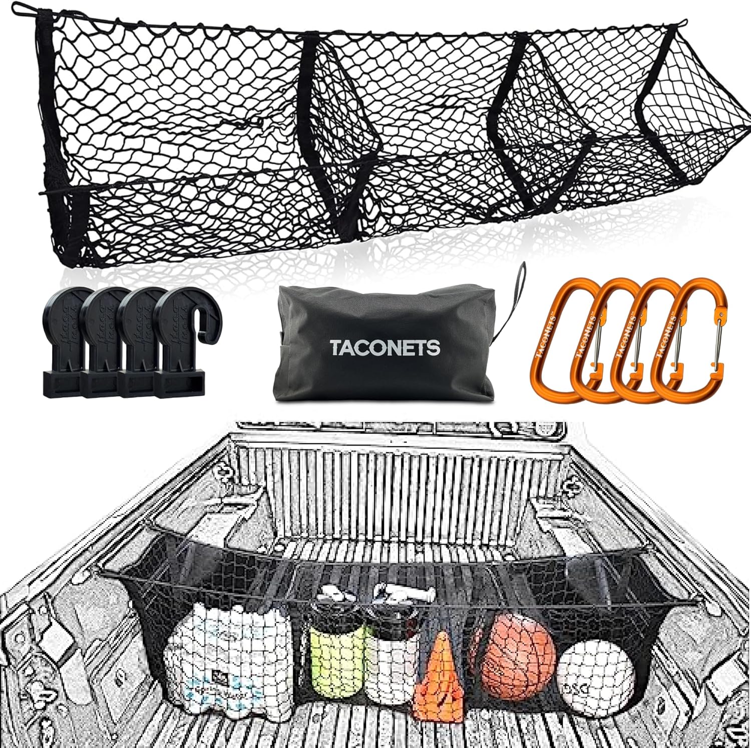 TacoNets Three Pocket Cargo Net for 2005-2024 Toyota Tacoma - Patented Design - Premium Truck Bed Organizers & Storage - Grocery Holder - Designed in USA