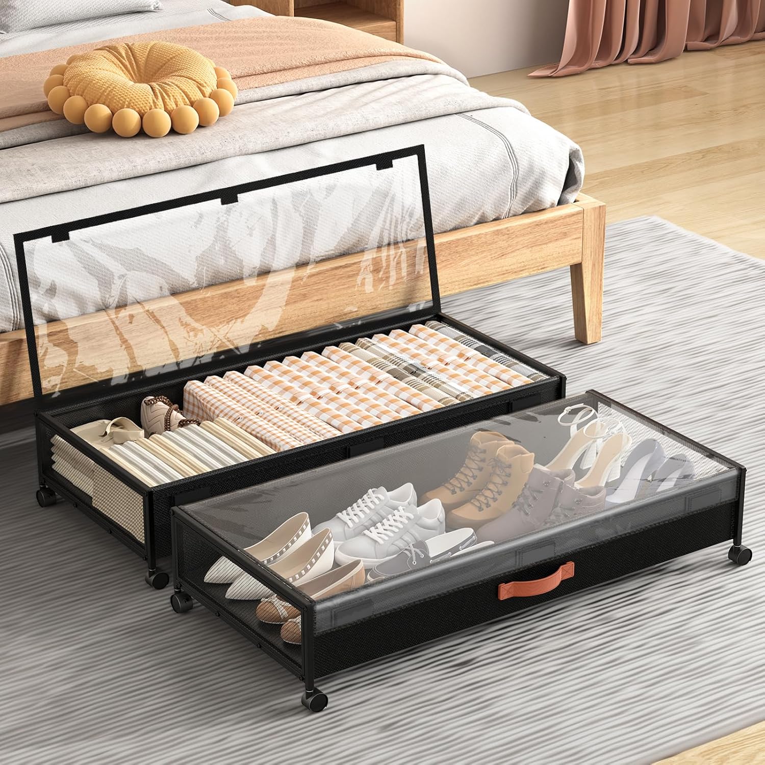 Under Bed Storage Containers With Wheels 54L Large Underbed Shoes Blankets Clothes Toy Storage Drawers For College Dorms Bedrooms Nursery Rooms Organization… (Black 2 Pack, XXL(36"x16.6"x7.28"))