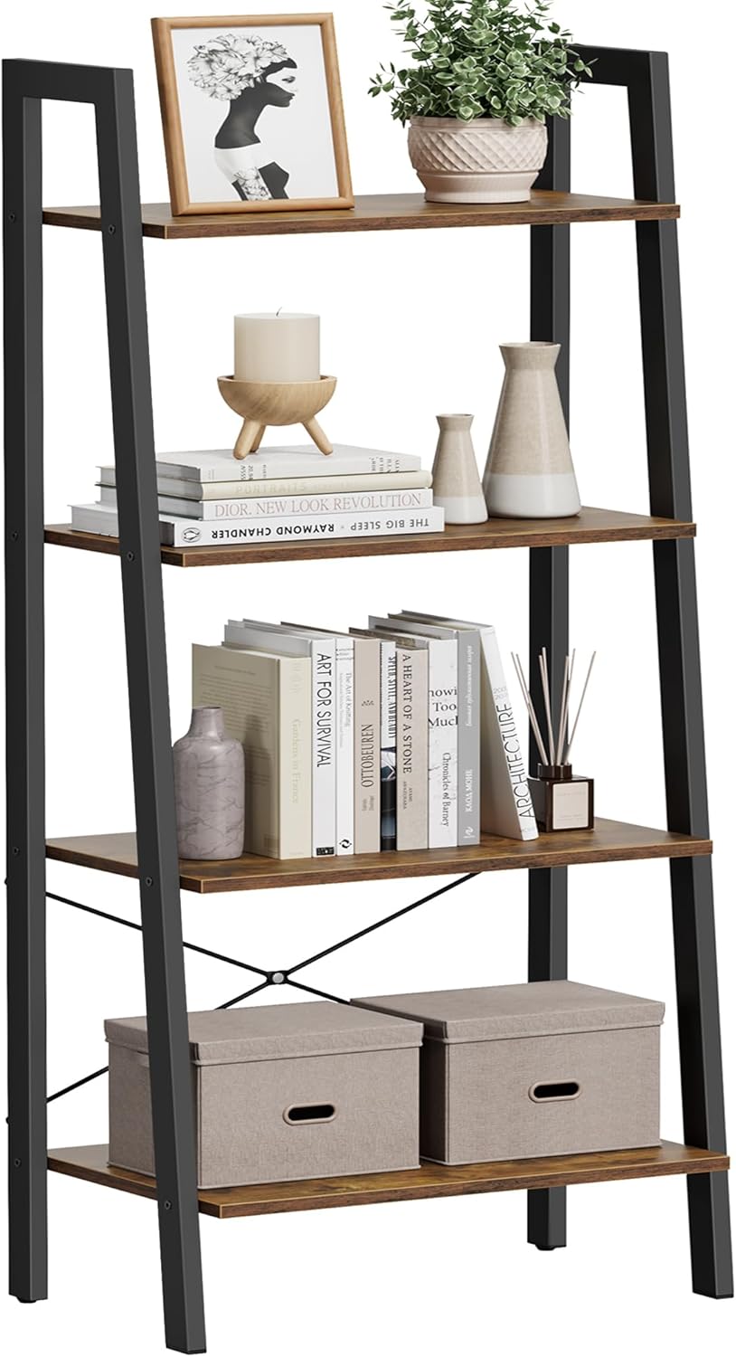 VASAGLE Ladder Shelf, 4-Tier Bookshelf, Storage Rack, Bookcase with Steel Frame, for Living Room, Home Office, Kitchen, Bedroom, Industrial Style, Rustic Brown and Ink Black ULLS44X