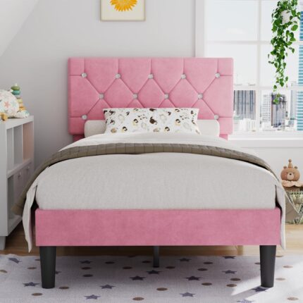 VECELO Twin Size Bed Frame with Diamond Tufted Headboard, Upholstered Platform Bedframe with Wood Slat Support, No Box Spring Needed, Mauve Pink