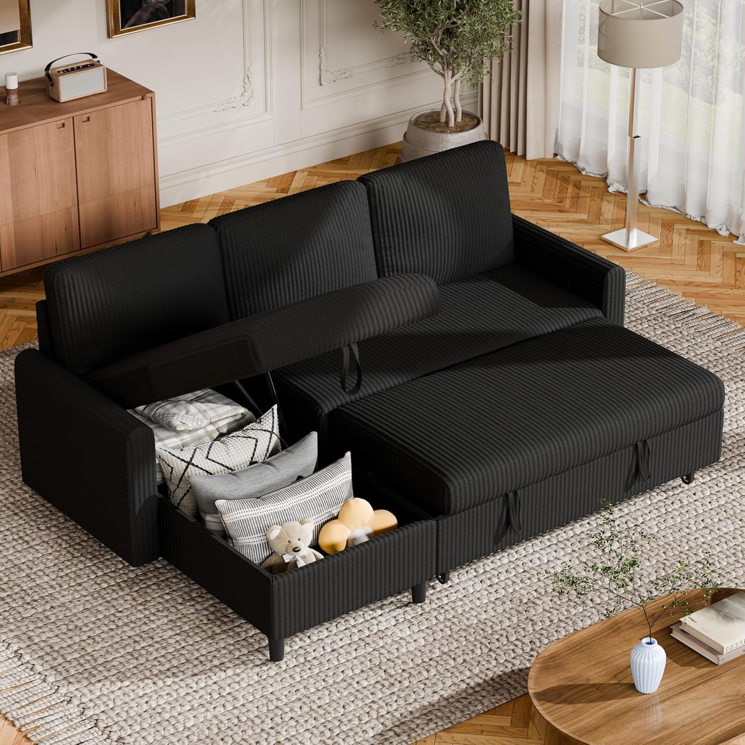 Vongrasig Pull Out Sleeper Sofa with Storage, 77" L-Shaped Convertible Couch Bed in Soft Corduroy for Small Living Room & Apartment, Reversible Sectional Sofa with Storage Chaise, Black