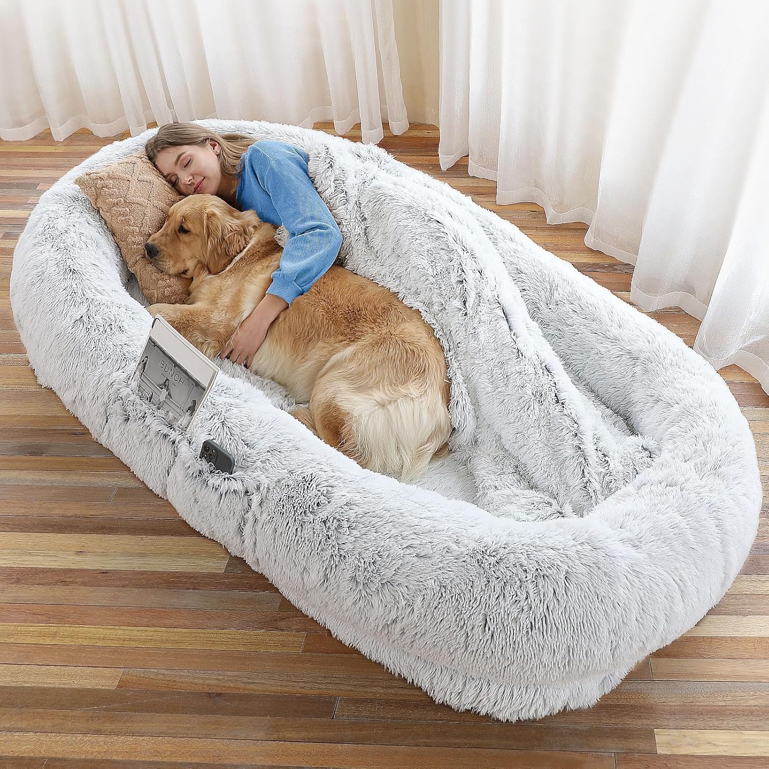 WROS Human Dog Bed - 71"x45"x12" Fits You & Pets, Washable Faux Fur, Orthopedic, Plump Pillow, Blanket, Strap - Grey