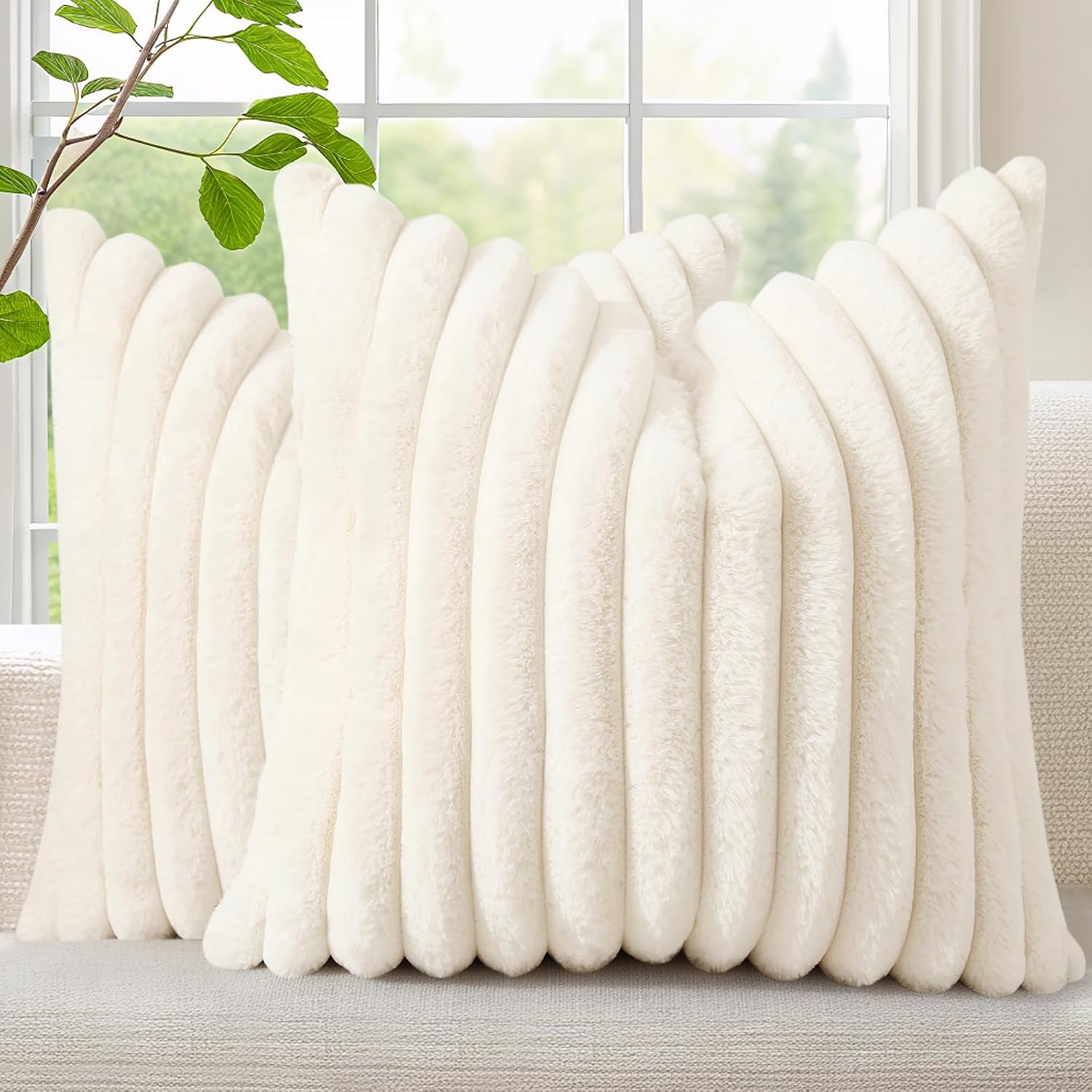 decorUhome Faux Fur Spring Throw Pillow Covers 18x18 Set of 2, Decorative Soft Plush Striped Neutral Couch Pillow Covers with Velvet Back for Sofa, Bed, Living Room Home, Cream White