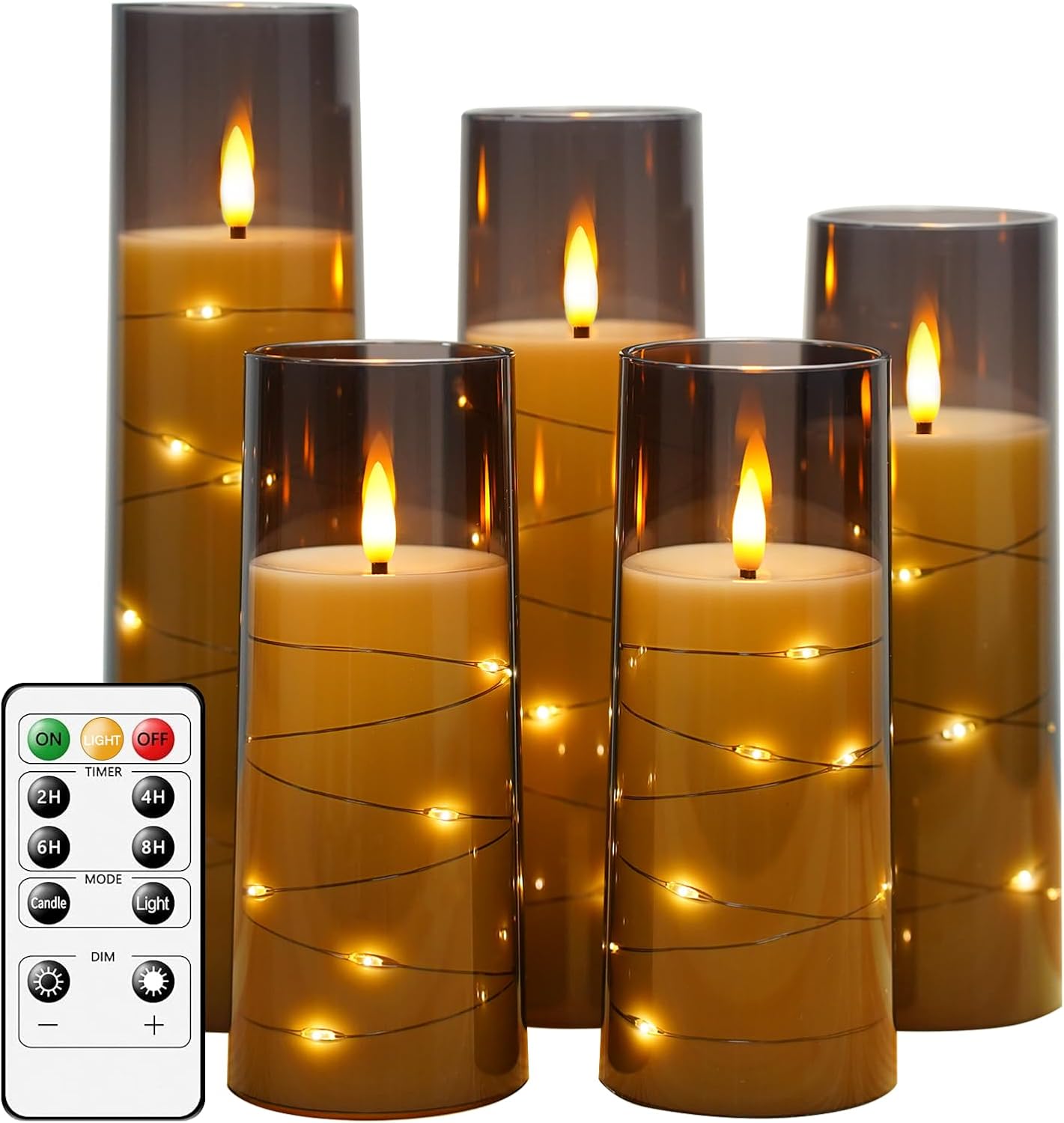 kakoya Flameless LED Candles with Timer 5 Pc Flickering Flameless Candles for Romantic Ambiance and Home Decoration Stable Acrylic Shell,with Embedded Star String,Battery Operated Candles(Grey)