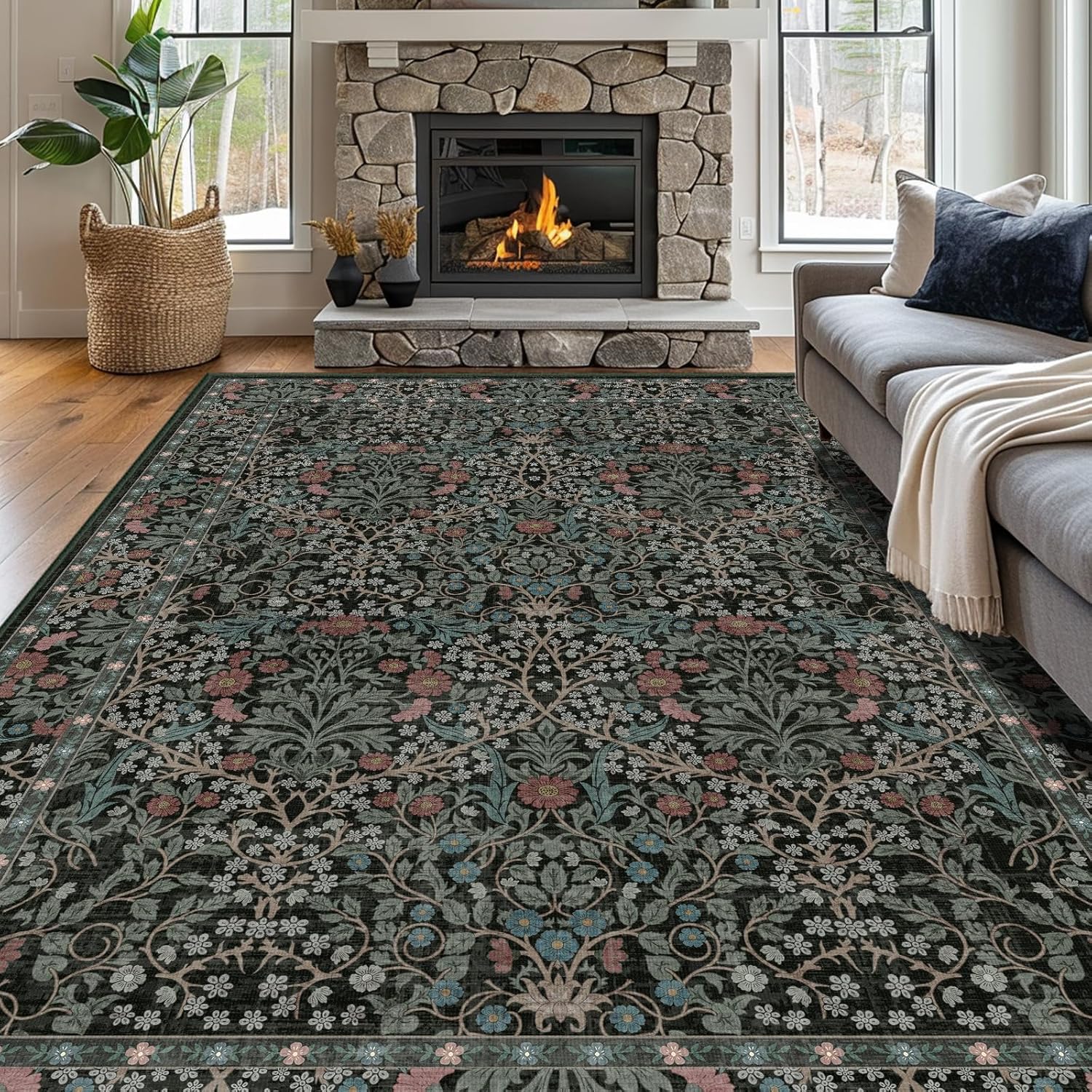 shinefly 8x10 Washable Area Rugs for Living Room, Stain Resistant Vintage Rugs for Dining Room Under Kitchen Table, Bedroom, Floral Low Pile Non-Slip Large Carpet (8 x 10 Dark Green)